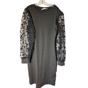 Kilottor Black Ribbed Knit Mini Dress Sheer Butterfly Mesh Long Sleeve Crew Neck